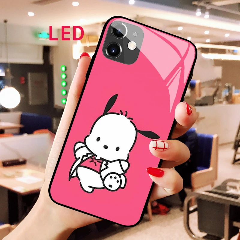 

Luminous Tempered Glass phone case For Apple iphone 13 14 Pro Max Puls Pochacco Kawaii Luxury Fashion RGB Backlight new cover