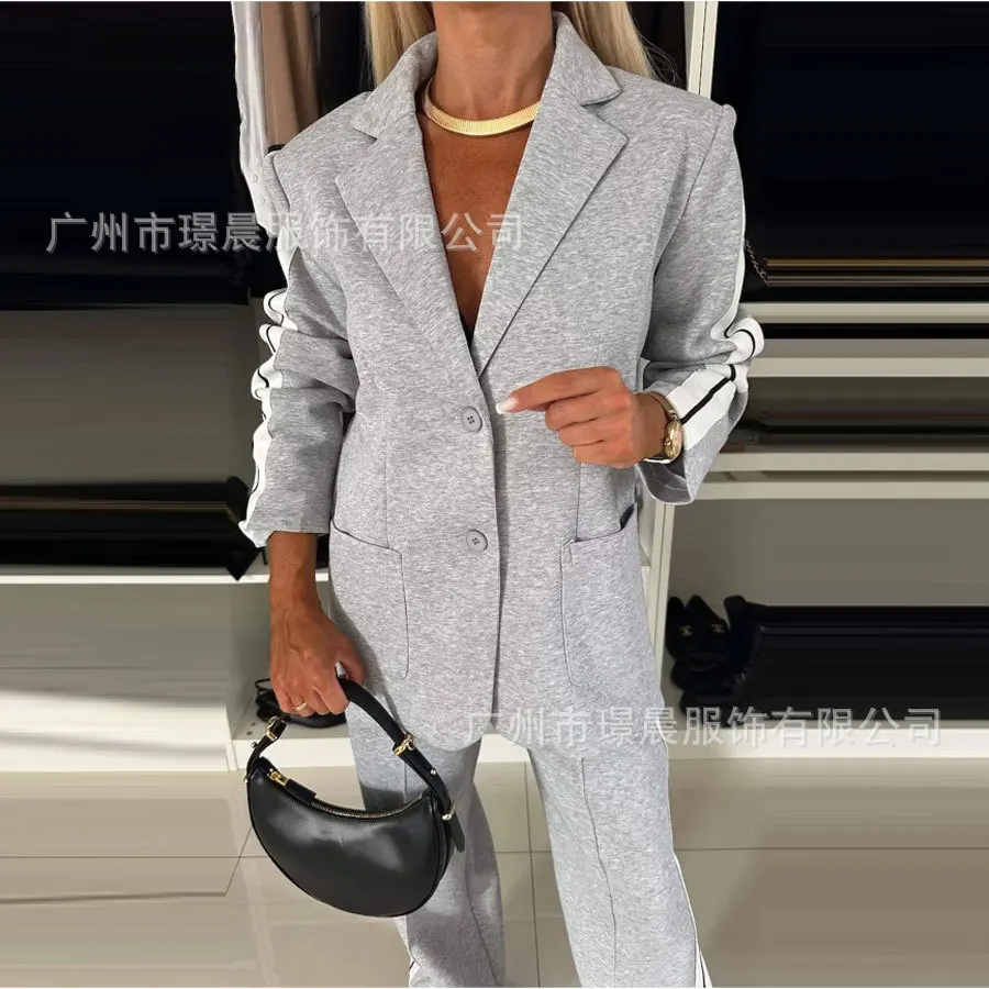 Женский повседневный полосатый костюм с короткими лацканами прямой брючный