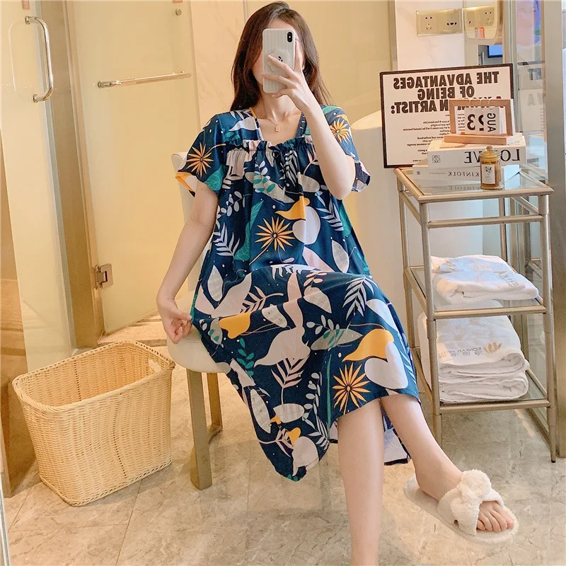 Short-sleeved Cotton Silk Nightdress Women's Spring and Autumn Summer Thin Section Pajamas Home Skirt Sweet Plus Size
