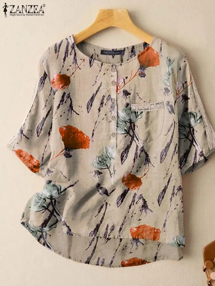 

Vintage Printed Tops Women Summer Blouses ZANZEA Casual Half Sleeve Blusas Female Floral Tunic Chemise O-Neck Oversized Shirts