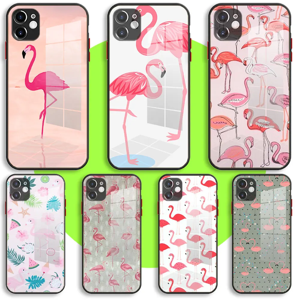 

Liquid Tempered Glass Case For iPhone 13 11 12 Mini Pro Max XS XR X 7 8 6 Plus SE2 Silicone Cover Protection Flamingo