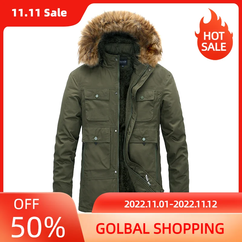 100% Cotton Men Fleece Hooded Down Jacket Winter Mens Thicken Warm Fashion Parkas Coat jaqueta masculina