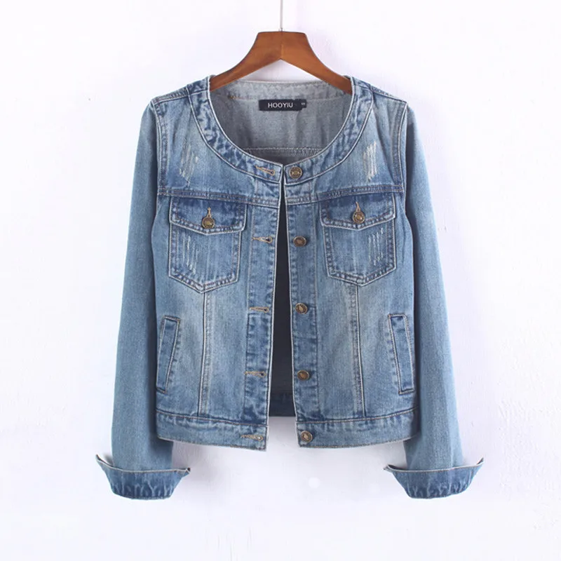 

Korean O-neck Single-breasted Slim Short Denim Jacket Spring Vintage Washed Blue Cowboy Outwear Long Sleeve Jeans Jacket Coat
