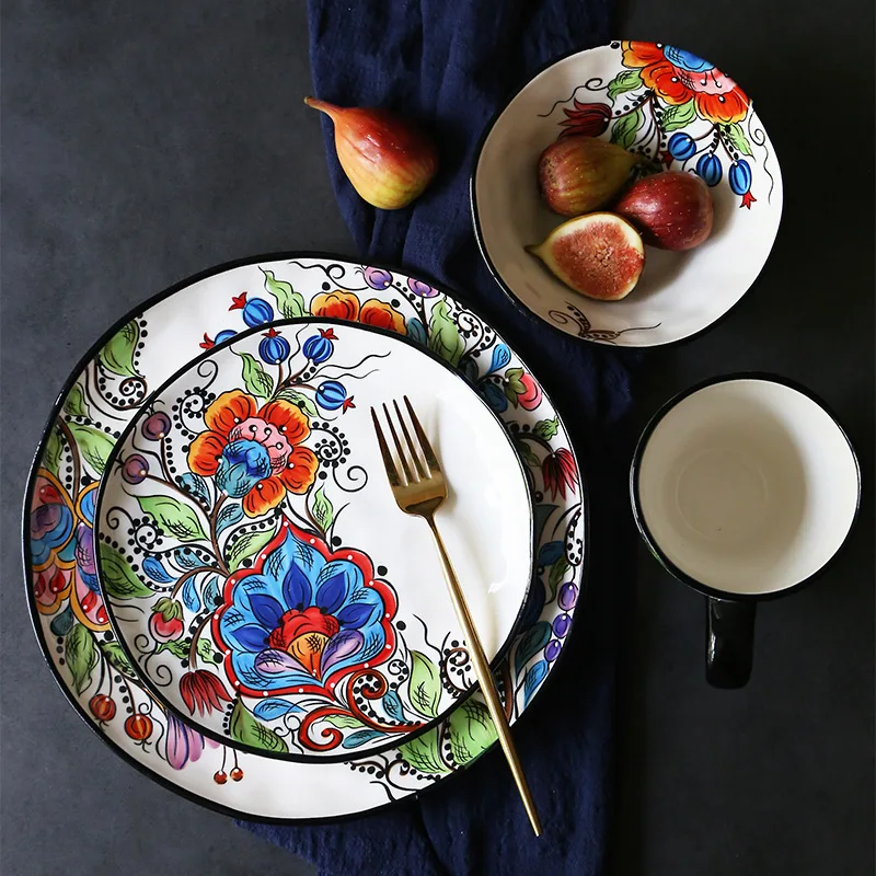 

Тарелка для стейка, керамическая тарелка ручной росписи, Салатница, чашка для воды, чашка для сока, набор керамических тарелок, посуда неправильной формы для западной еды