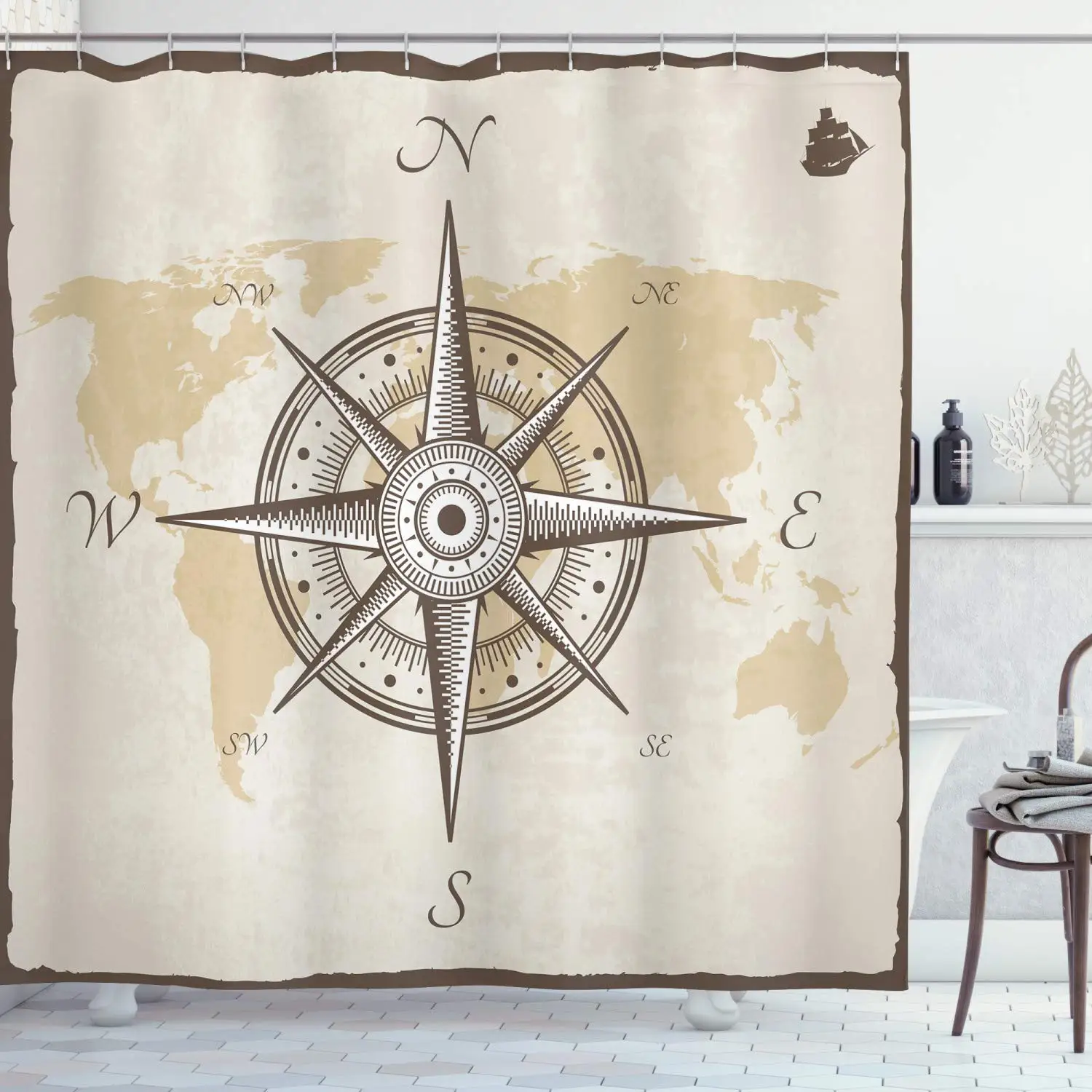 

Nautical Shower Curtain Navy Sea Life Yacht Theme Colored Wood Backdrop Rudder Compass Marine Image Fabric Bathroom Decor Set