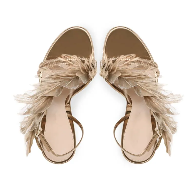 Feather Banquet High Heels Stiletto All-match Genuine Leather Rhinestone Sandals Sexy Open Toe Buckle Fashion Shoes For Women's