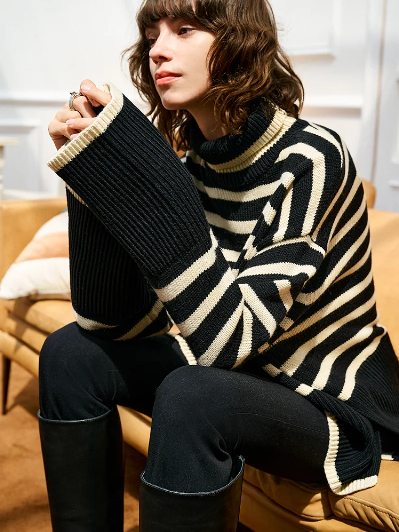 Wool Turtleneck Striped Paneled Pullover 2022 Autumn New Commuter Long Sleeve Knit Sweater High Quality Free Shipping