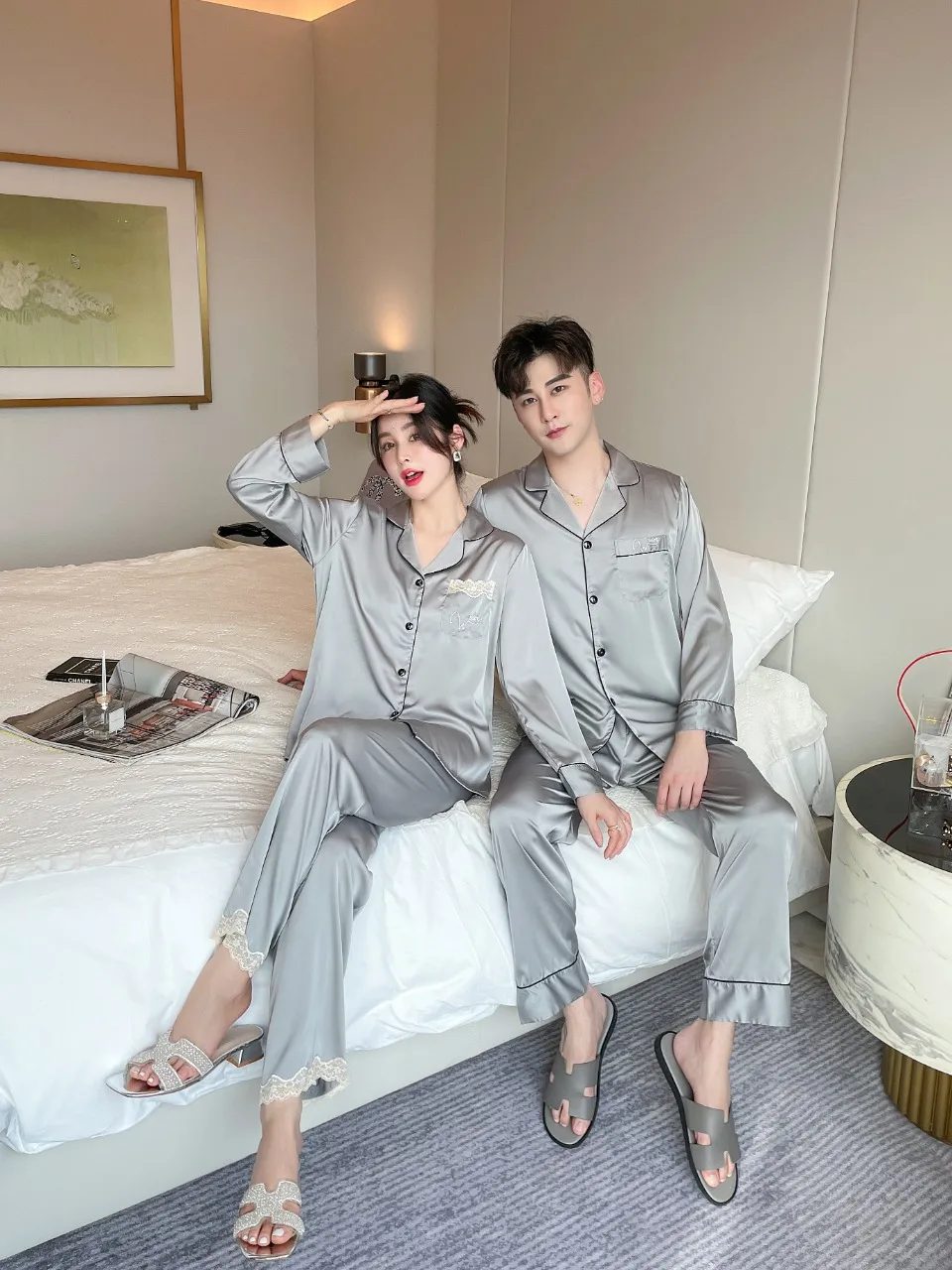 [Women's pajamas] [high-quality]Spring and Summer New Men's and Women's Lovers Simulated Silk Sleepwear Silk Home Furnishing Set