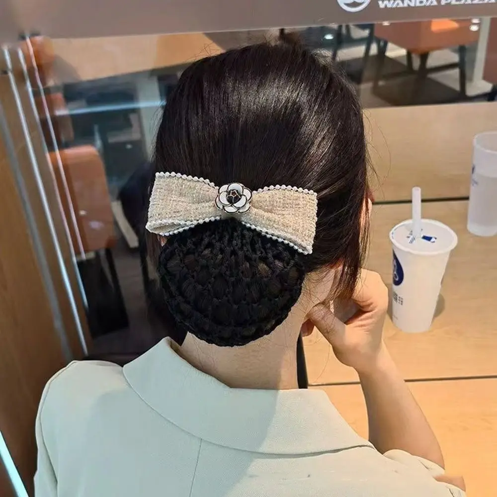 

Bowknot Ponytail Clip Pearl Cloth Hairgrips Cover Net Professional Headdress Women Spring Clips Korean Bun Snood
