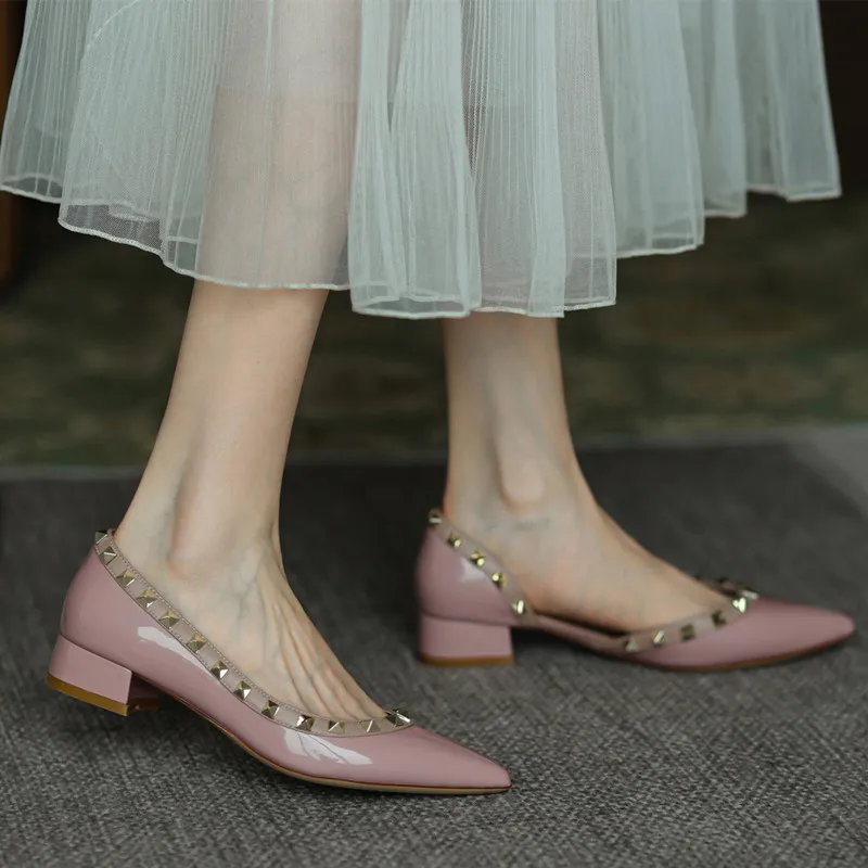 Shoes For Woman Designer Rivets Pumps Brand High Heels Shoes 2023 Comfortable Chunky Heel 3cm Elegant Office Shoes 33-41With Box