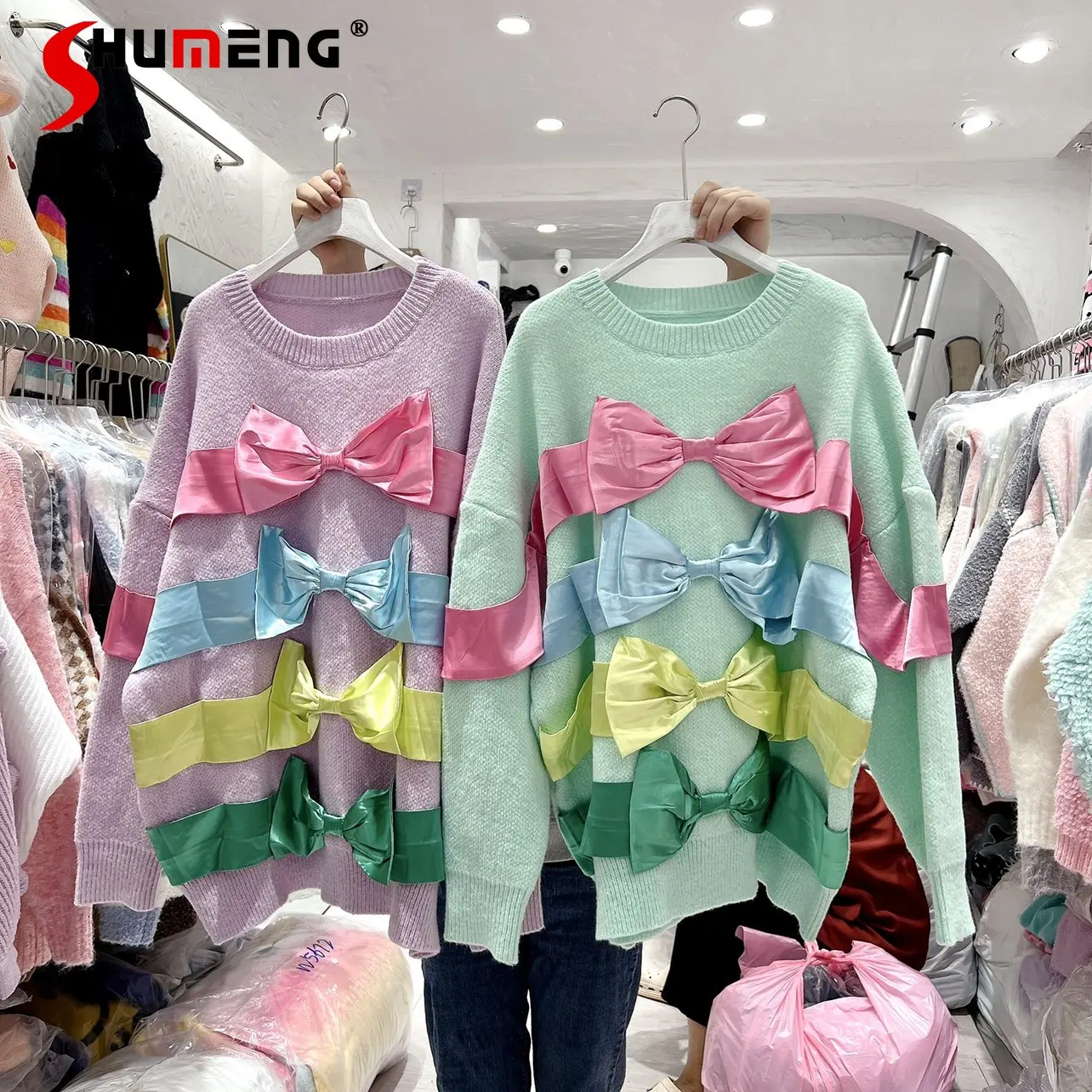 Korean Style New Fashion Loose Sweet Chic Color Bow Crew Neck Thick Sweater Women's Fairy Trendy Elegant Pullover Knitted Top