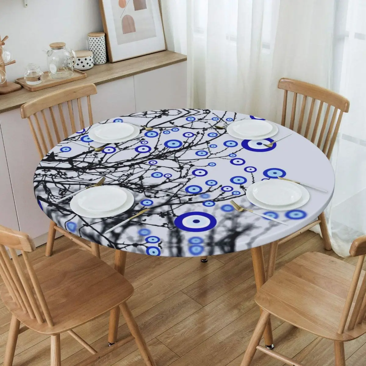 

Round Fitted Turkish Evil Eye Tree Table Cloth Oilproof Tablecloth 40"-44" Table Cover Backed with Elastic Edge