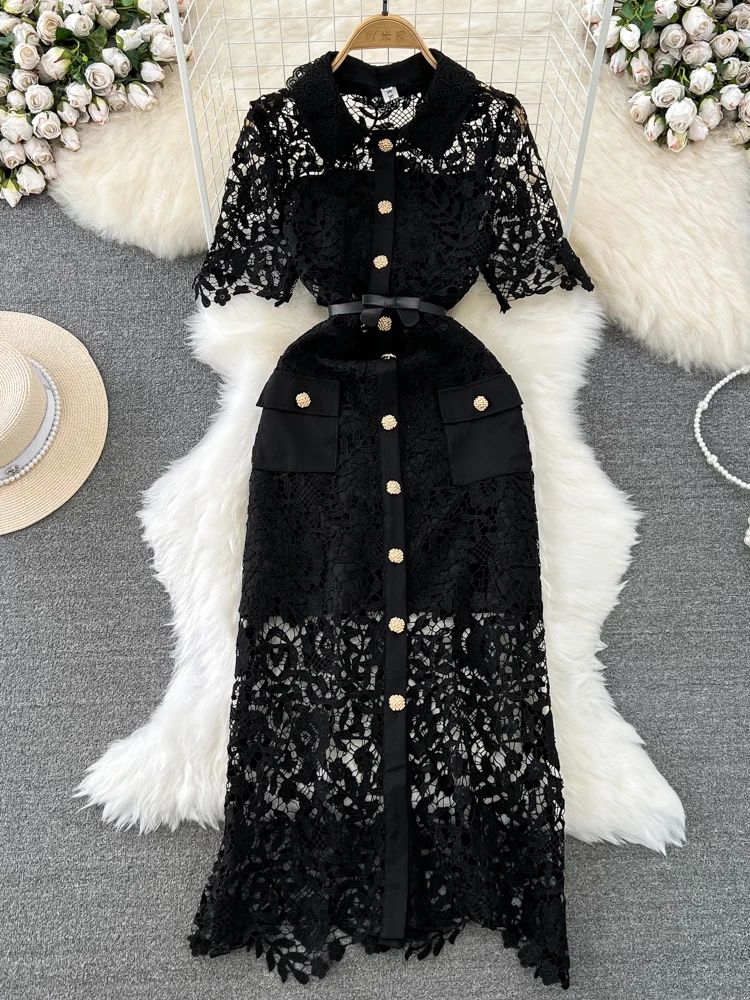 

Summer Women Black Hollow Out Lace Party Dress Elegant Turn-Down Collar Short Sleeve Single Breasted Vintage Robe New Fashion