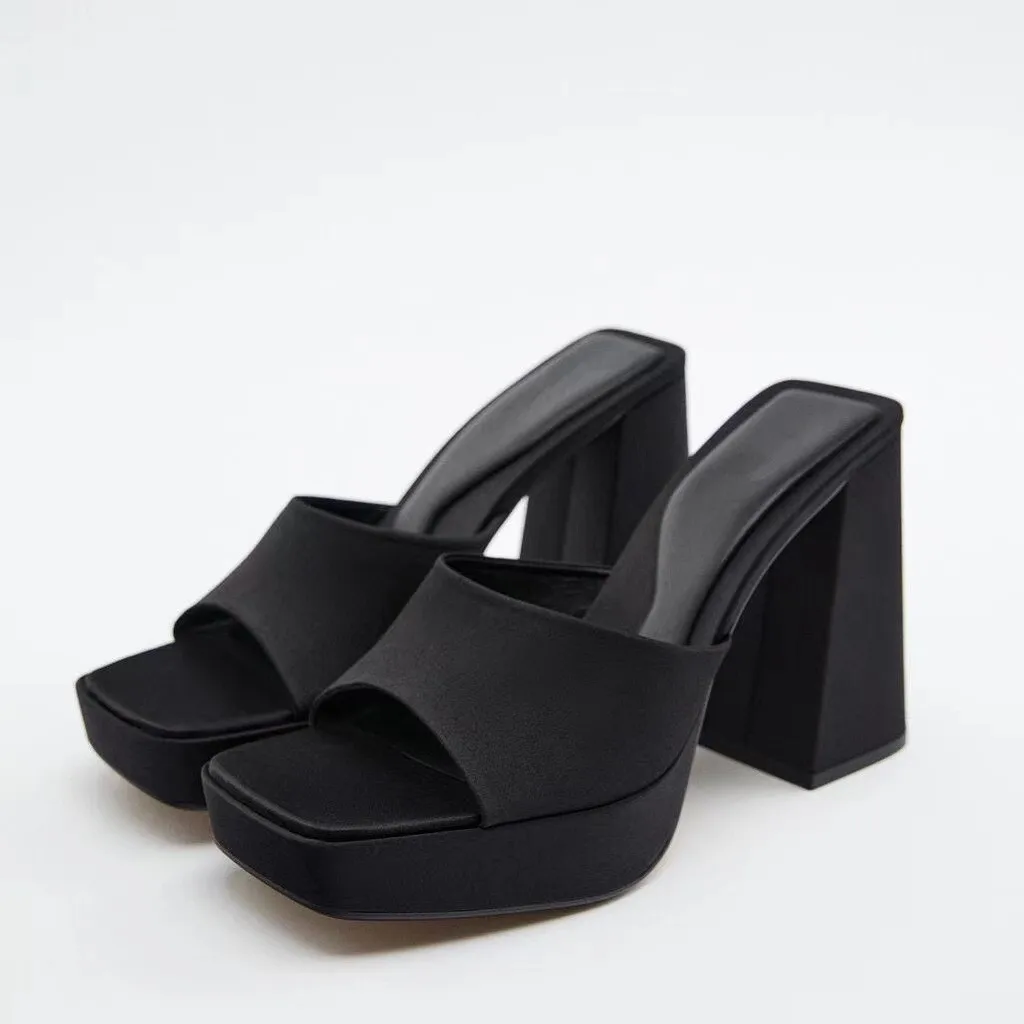 

Square heel Slippers Soft Shoes Platform Low Women Heels Slides Block Comfort High Fabric Basic TPR Rome Concise PU Toe Hoof