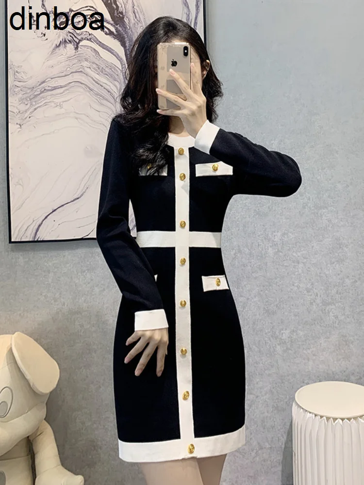 

Элегантный трикотажный свитер, сексуальное мини-платье, женское облегающее платье в стиле пэчворк на пуговицах с длинным рукавом, Женская ш...