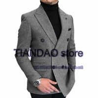 double breasted mens jacket formal business blazer pants 2 piece dark grey wool coat wedding tuxedo