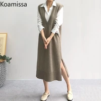 koamissa woman knitted deep v long dress tank sleeveless spring fashion solid women casual loose dresses chic korean vestidos