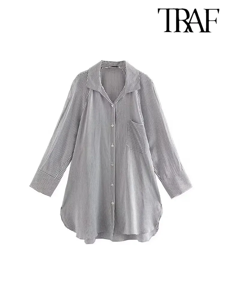 

TRAF 2023 Autumn Oversize Shirts for Women Button Up Shirt Women Striped Shirts and Blouses Woman Long Sleeve Tops