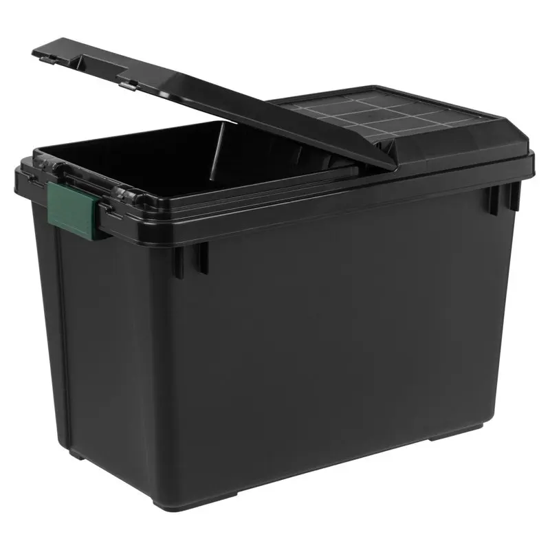 

102 Qt. Durable Plastic Storage Tote with Security Compartment Lid, Black Organizer Container