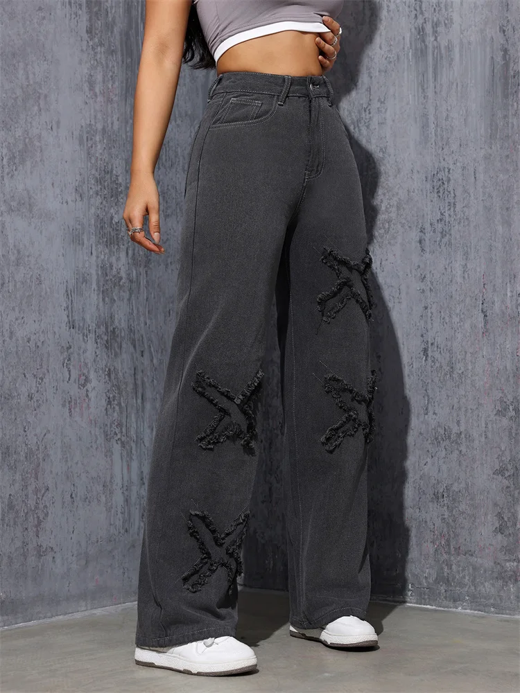 Брюки с надписью Personality X уличные узкие серые джинсы прямые брюки прямой талией