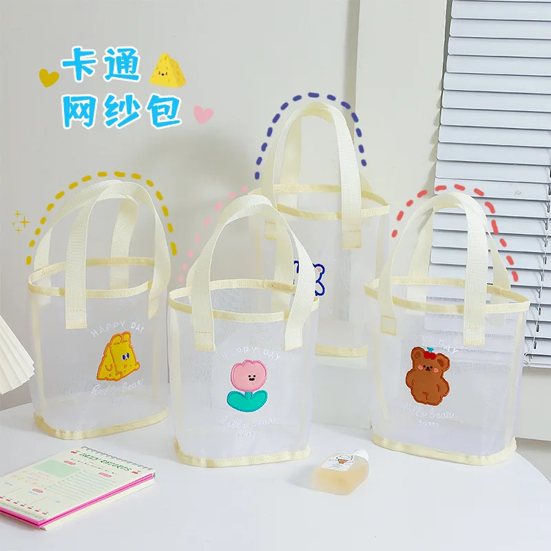

2022 summer new transparent mesh tote bag student cartoon embroidery bear handbag girl beach bag