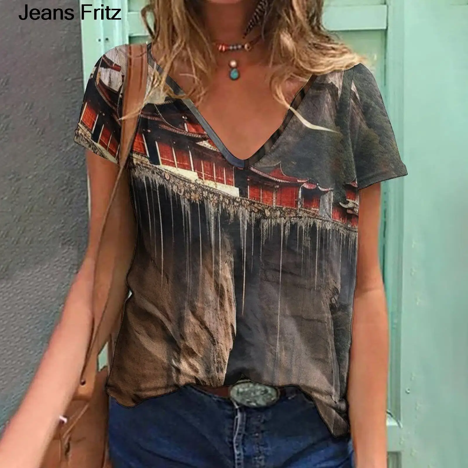 

Jeans Fritz Print T-Shirt Ethnic V-Neck Summer Short Sleeve Tshirt Ladies Clothing Female Tee Top Oversized Vintage Women Tshirt