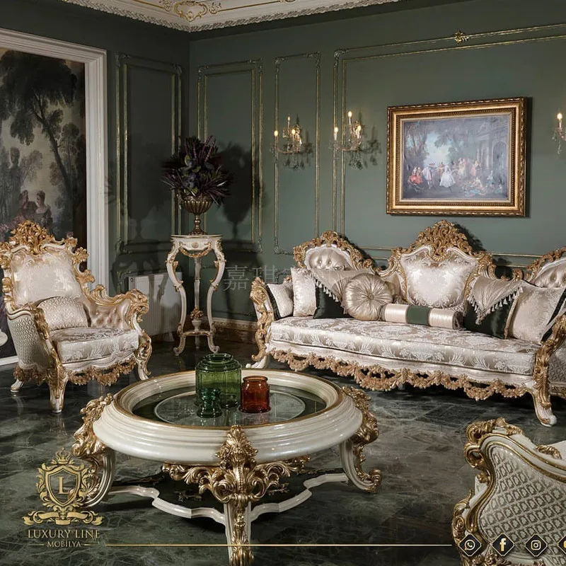 

Роскошный Европейский диван из цельной древесины на заказ, тканевая резная Золотая фольга, Французский дворец, вилла, мебель для гостиной