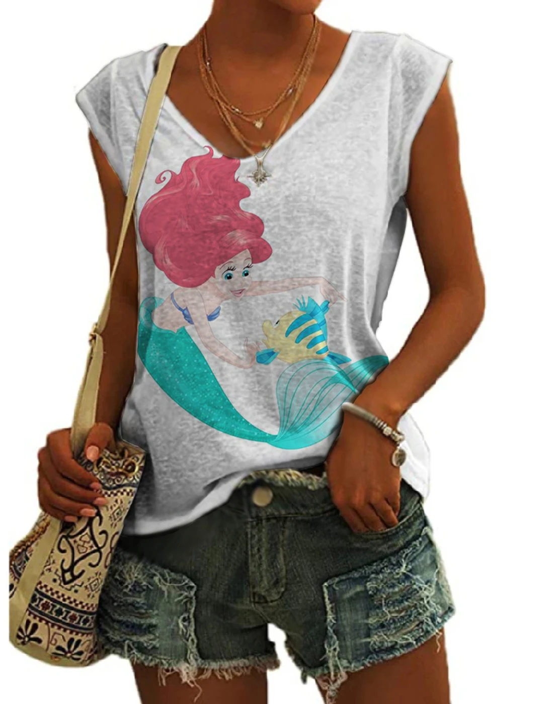 

3D print Disney Ariel top women's fashion must-have summer fashion V-neck explosive women's Harajuku kan shoulder clothing new