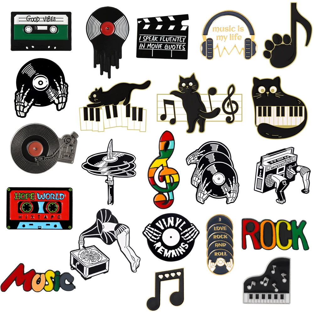 

Music Series Enamel Brooches Skull Dagger CD Phonograph Piano Violin Rock Cat Note Metal Badge Classic Music Lapel Pins Jewelry