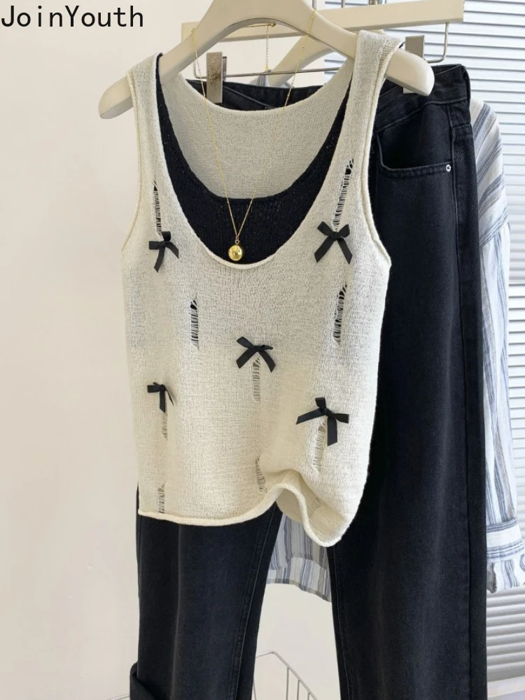 Топ женский трикотажный с бантом без рукавов свободного покроя