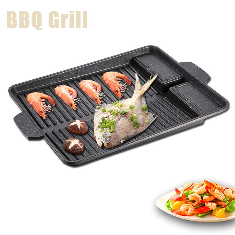 Korean BBQ Grill Pan Non-stick Portable Charcoal Grill Plate BBQ Tray for Home Kitchen Outdoor Camping Picnic Bakeware