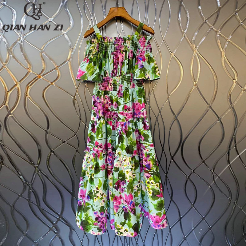 

Дизайнерское модное летнее платье QHZ из 100% хлопка с воротником-лодочкой для женщин элегантное праздничное платье на бретелях-спагетти с принтом и эластичной талией