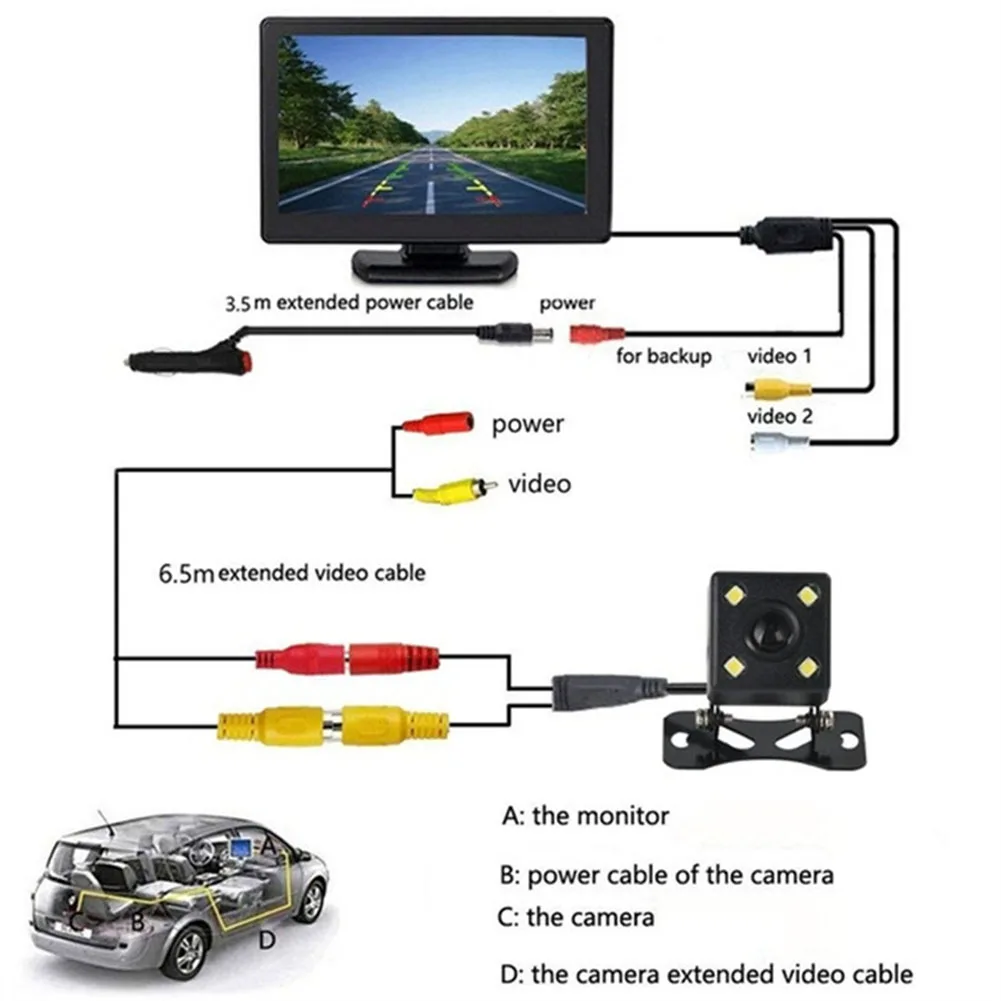 

Trim Car Rear View Camera 120 Degree 2W 4 Led 4.3\" TFT LCD Monitor Backup DC 12V