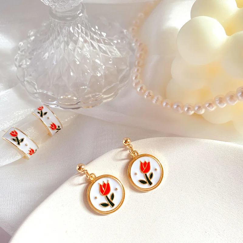 

White Tide Brand Retro Tulip Drop Oil Enamel 925 Silver Needle Earring Simple and Exquisite Temperament Ladies Jewelry