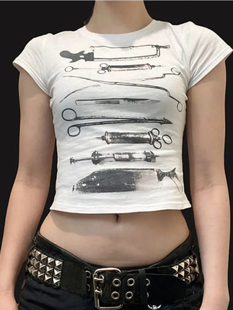 Темная укороченная футболка с принтом готические повседневные тонкие футболки