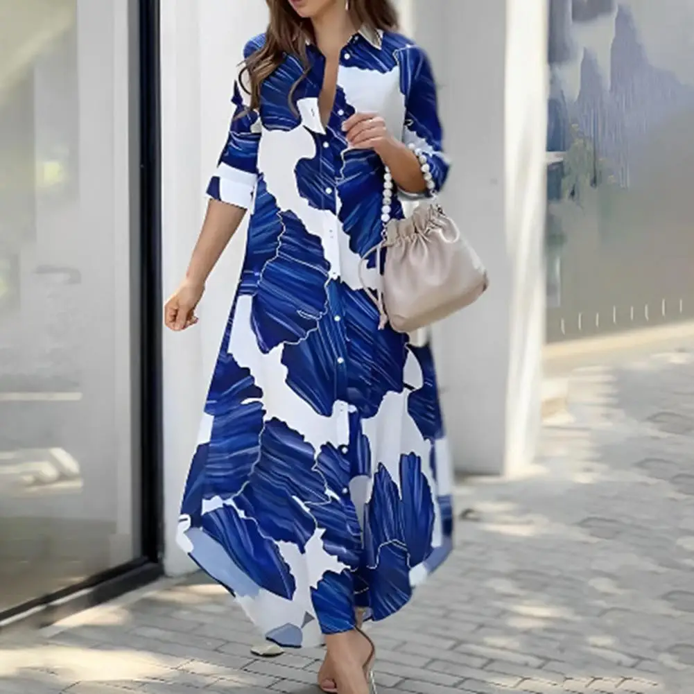 

Loose Fit Shirt Dress Blue Floral Pattern Irregular Hem Maxi Dress Women's Streetwear Fashion with Lapel Collar Single Breasted