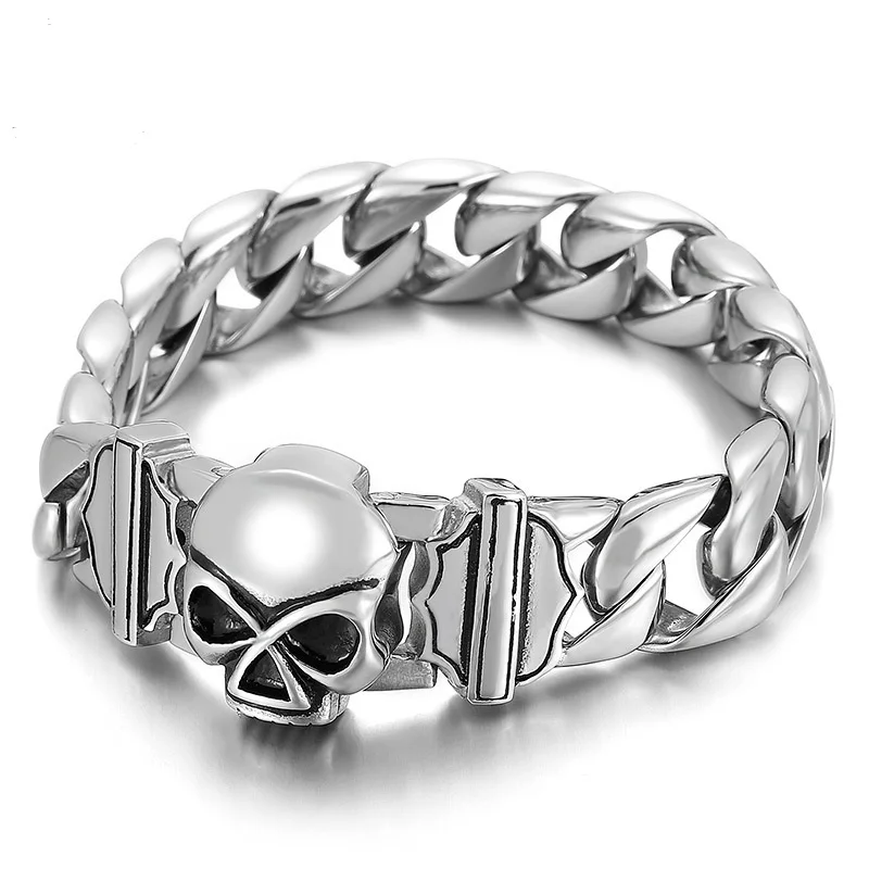 

15mm Men Skull Polished Stainless Steel Curb Cuban Chain Bracelets Jewelry Carving Shiny Fashion Retro Punk Bike Biker Bracelet