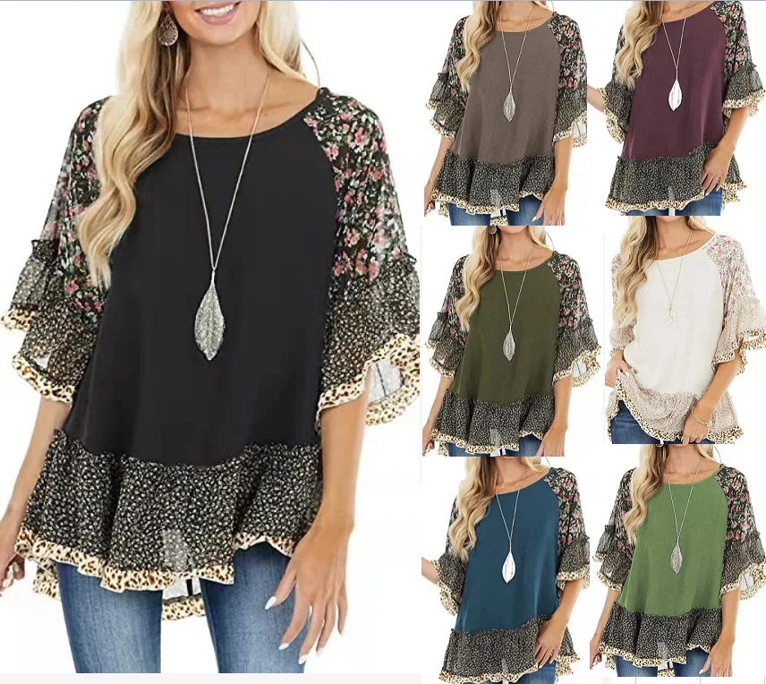 

Leopard Printed V-neck Half Sleeve Tops Summer Women's Fashion Streetwear T Shirt Tee Shirt Femme Clothes