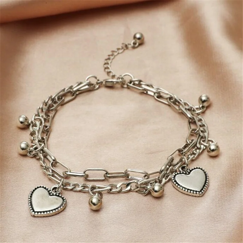 

Трендовый двухслойный женский браслет в стиле хип-хоп цвета металлик серебро Очаровательный женский браслет в форме сердца ювелирные изде...