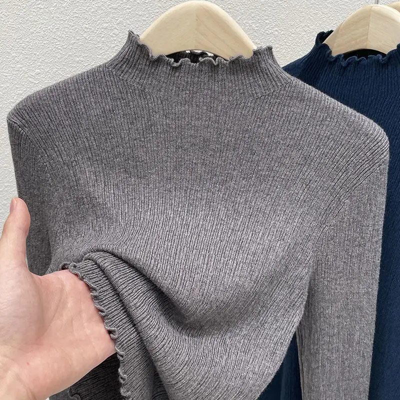 

Женская трикотажная водолазка, однотонный пуловер с длинным рукавом и оборками, базовая верхняя одежда для осени и зимы