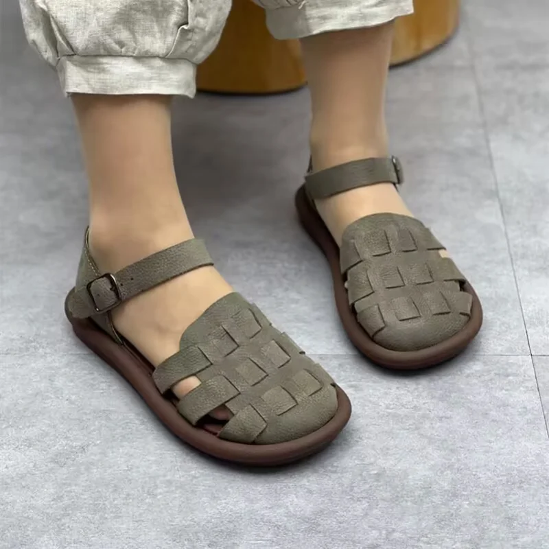 

2023 Women's Summer Shoes Square Toe Flat Sandals Leather Women Gladiator Sandals Slip on Ladies Beach Shoes Zapatillas De Mujer