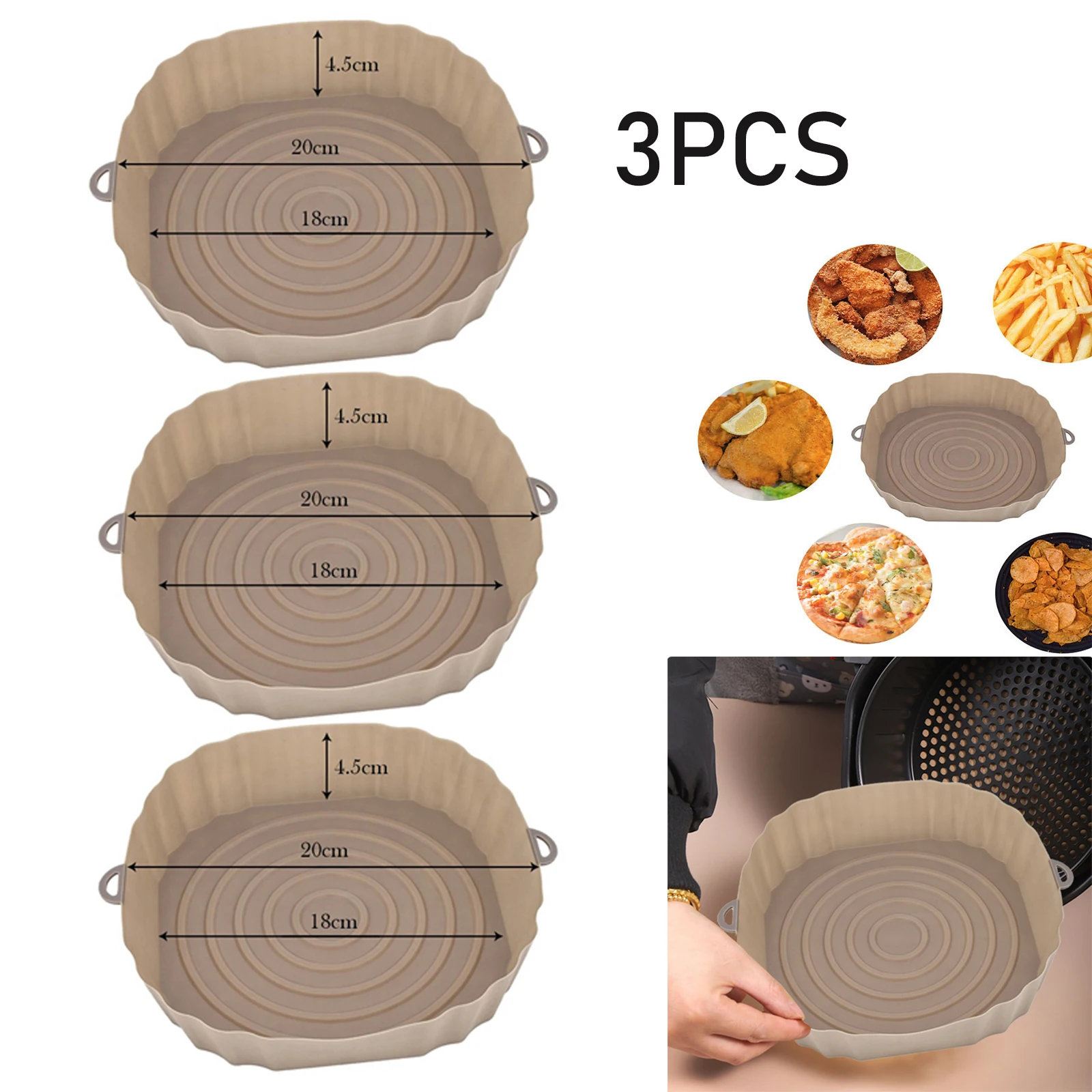 

3PCS Silicone Air Fryer Baking Tray Pot Reusable Ultra Thin Round Home Kitchen Pizza Mat With Handles No-Stick Grill Accessories
