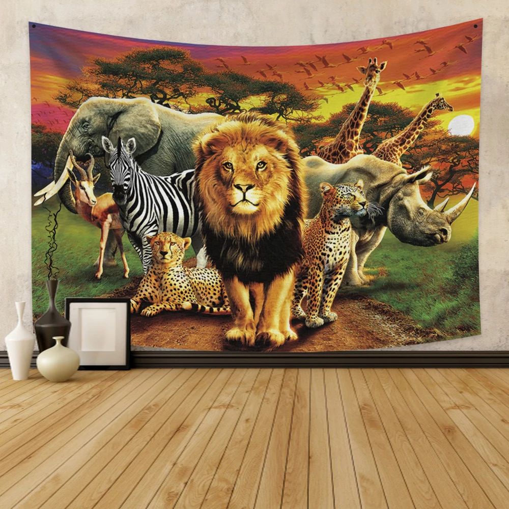 

Psychedelic Forest Jungle Wild Animal Tapestry Wall Hanging Lion Elephant Tapestry For Bedroom Living Room Dorm Home Decor