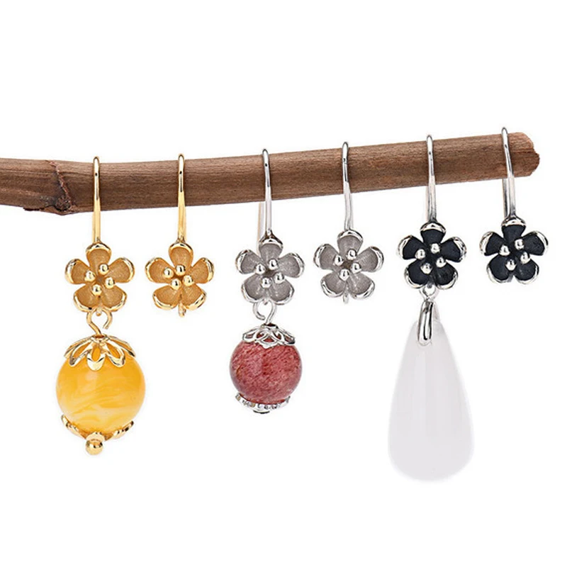 S925 Sterling Silver Ear Hooks Thai Silver Flower Ear Hooks Ancient Gold Earrings Semi-Finished Crystal Diy Earrings Accessories