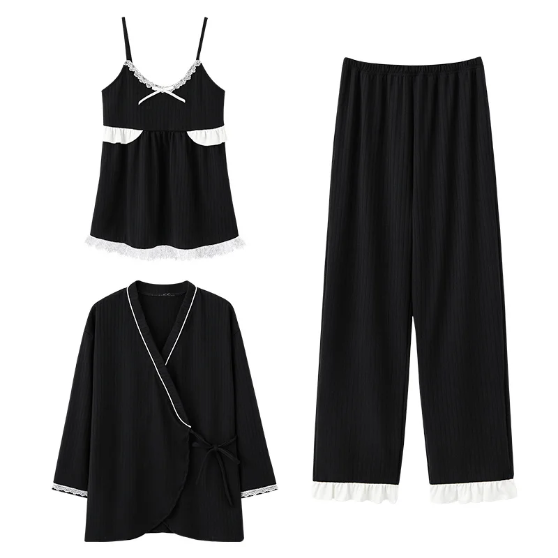 Pajama Set Women Cotton 3pcs Robes Sling Pants Lace Pajamas Sets Women Autumn Floral Sexy Sleep Suit V-neck Spring Home Lounge