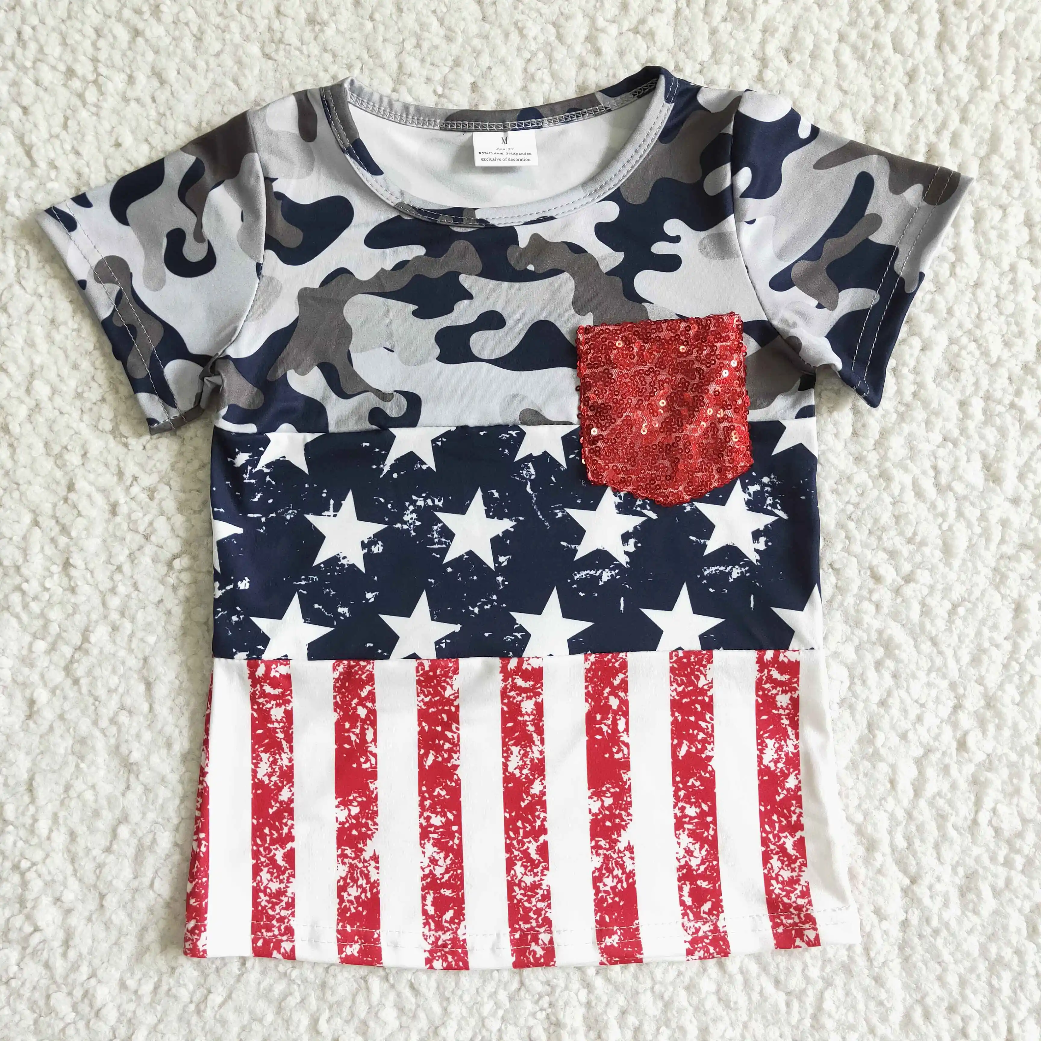 

Camouflage national flag star striped T-shirt for baby boy sequin pocket summer short sleeve top fourth of July outfits