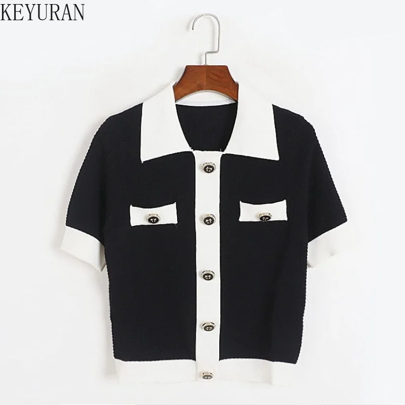 

Женский свитер с коротким рукавом, Свободный вязаный пуловер из вискозы во французском стиле с лацканами, короткий топ, джемпер, лето 2023