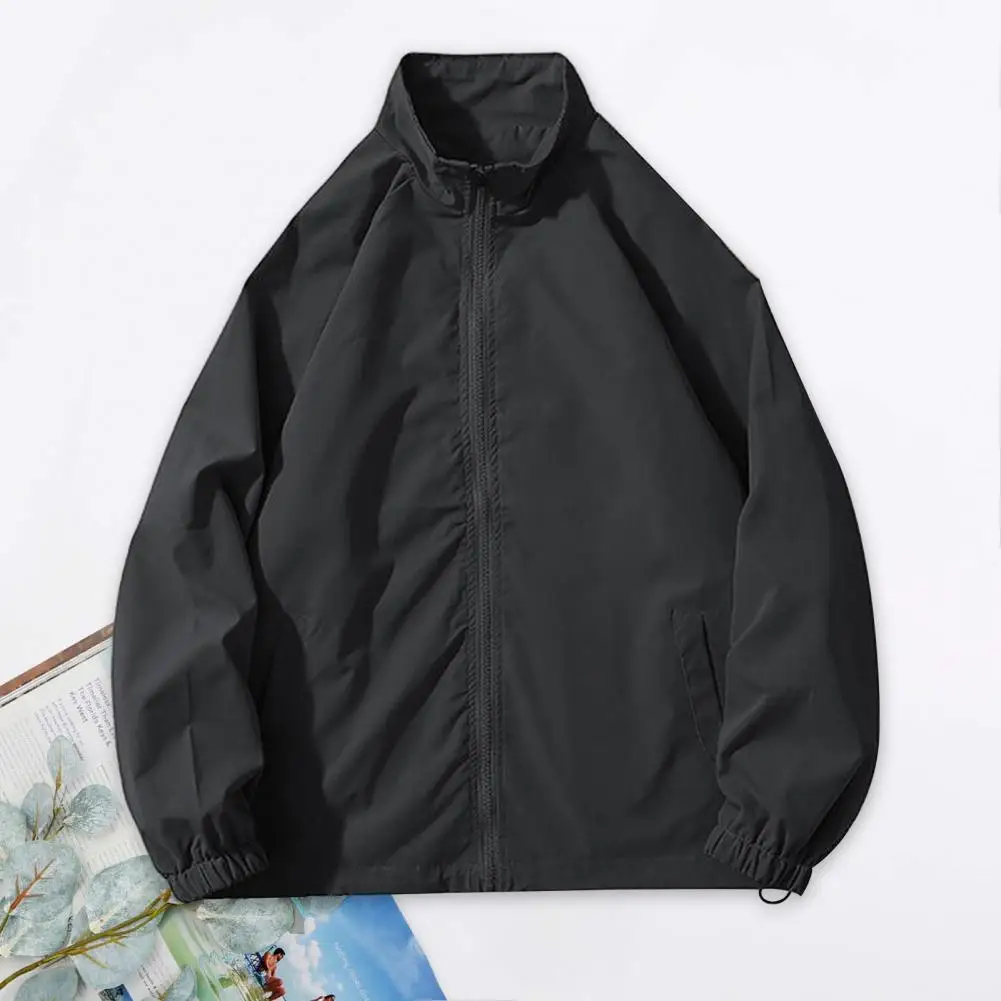 

Men Fall Coat Stand Collar Zipper Closure Long Sleeve Coat Loose Smooth Pockets Elastic Cuff Streetwear Thin Vintage Jacket