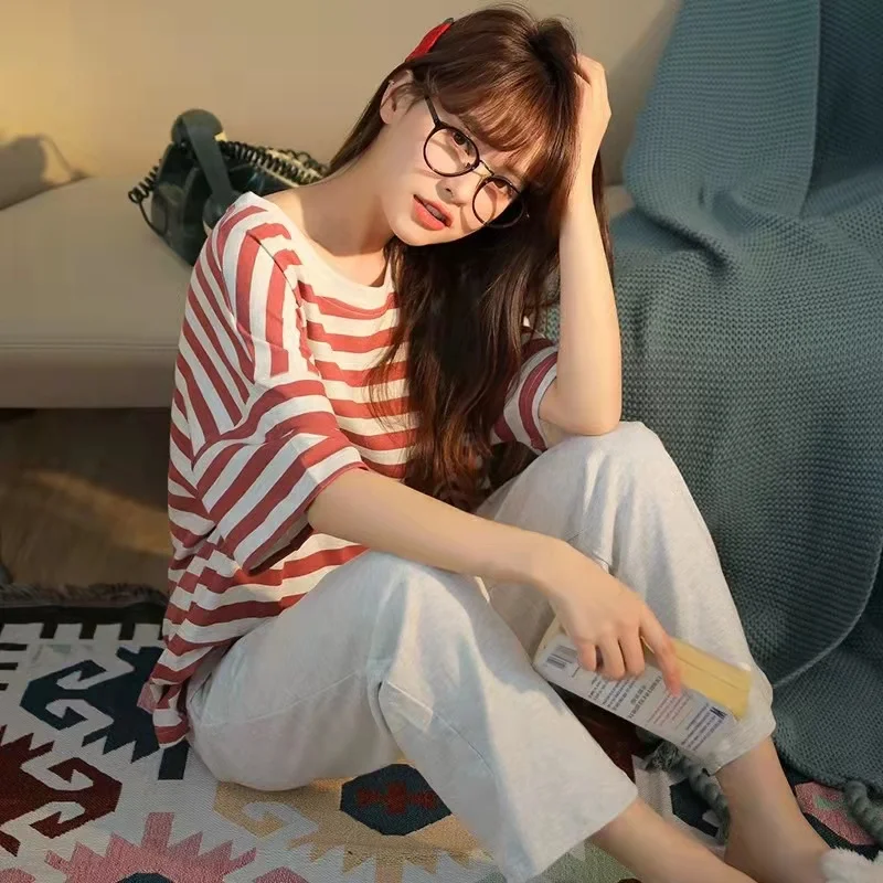 

2022 Spring Fashion Women's Casual Lovely Plaid Solid Stripe Sleepwear Loose Cute Short Sleeves Pajamas Set Cotton Kawai