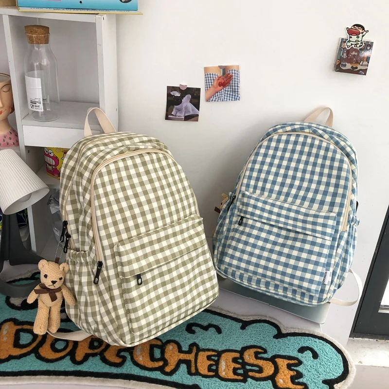 Campus Backpack Casual Simple Plaid Junior High School College Students Double Shoulder Bag Large Capacity New Korean Version Of